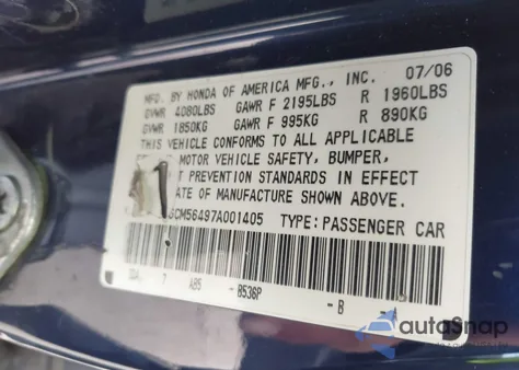 2007 Honda Accord 2.4 Lx из США, поврежденный, VIN 1HGCM56497A001405